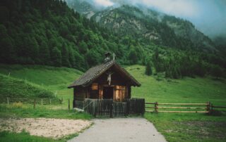 Brown wooden house surrounded by grass